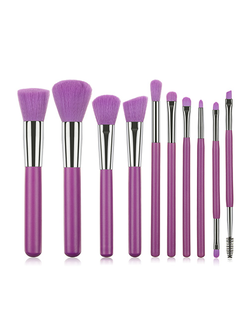Fashion Purple 10pcs Plastic Handle Aluminum Tube Nylon Hair Makeup Brush Set