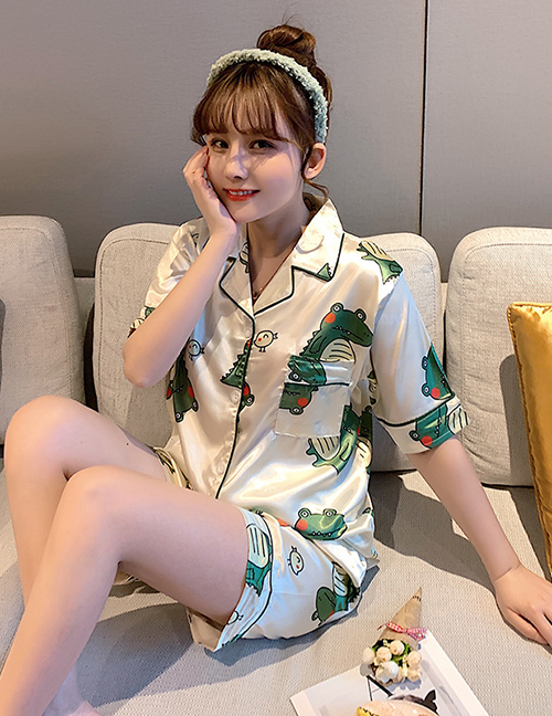 Fashion Dinosaur Faux Silk Printed Cardigan Short-sleeved Thin Homewear Pajamas Set