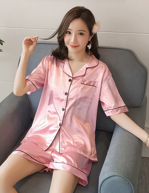 Fashion Pink Faux Silk Printed Cardigan Short-sleeved Thin Homewear Pajamas Set