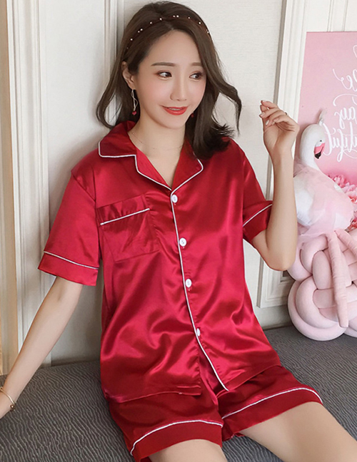 Fashion Big Red Faux Silk Printed Cardigan Short-sleeved Thin Homewear Pajamas Set