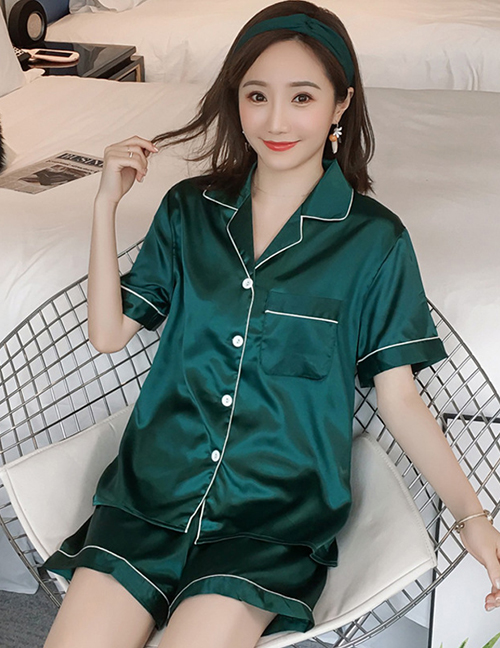 Fashion Dark Green Faux Silk Printed Cardigan Short-sleeved Thin Homewear Pajamas Set