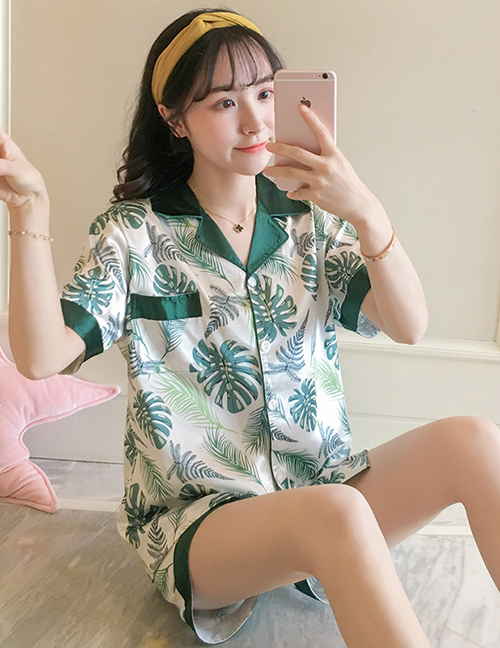 Fashion Green Leaf Faux Silk Printed Cardigan Short-sleeved Thin Homewear Pajamas Set
