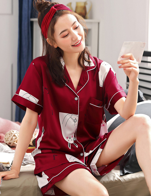 Fashion Red Rabbit Faux Silk Printed Cardigan Short-sleeved Thin Homewear Pajamas Set