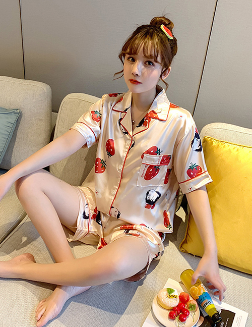 Fashion Strawberry Faux Silk Printed Cardigan Short-sleeved Thin Homewear Pajamas Set