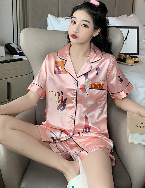 Fashion Pink Lovers Faux Silk Printed Cardigan Short-sleeved Thin Homewear Pajamas Set