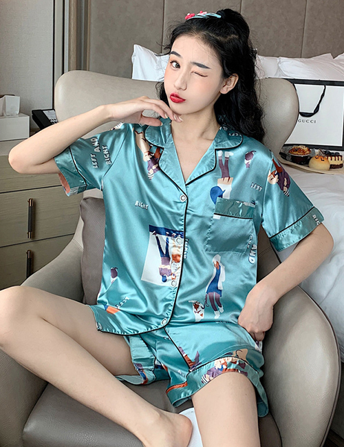 Fashion Green Lovers Faux Silk Printed Cardigan Short-sleeved Thin Homewear Pajamas Set
