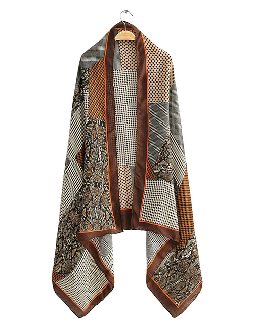 Fashion Brown Houndstooth Snake Print Scarf Shawl With Contrast Trim