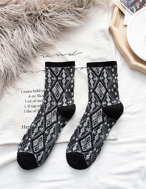 Fashion Black Pure Cotton Small Rhomboid Socks