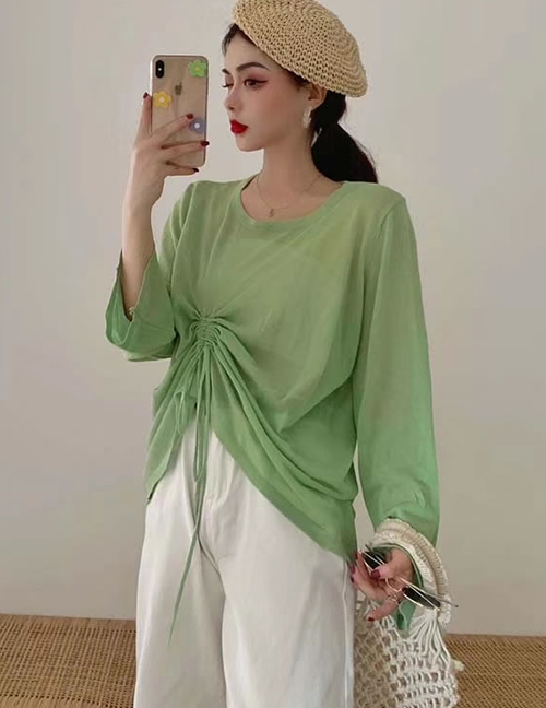Fashion Avocado Green Pure Color Drawstring Long-sleeved Mesh Sunscreen