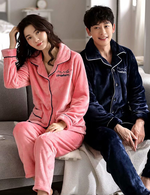 Fashion Womens Pink Blue Ladies Cardigan Single-breasted Coral Fleece Couple Pajamas Home Service Set