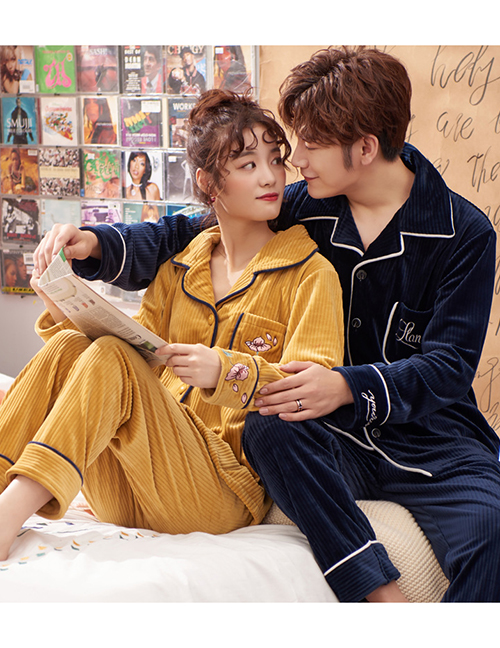 Fashion Mens Yellowish Blue Mens Cardigan Single-breasted Coral Fleece Couple Pajamas Home Service Suit