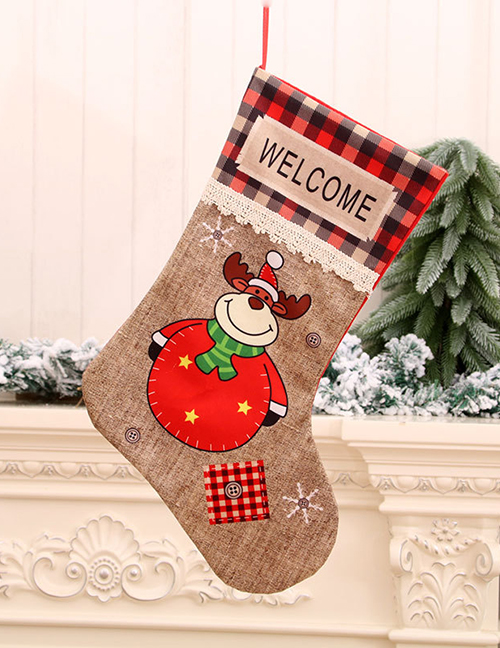 Fashion Deer Polyester Fabric Check Color Printing Christmas Socks