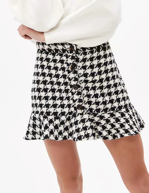Fashion Black Woolen Houndstooth Ruffle Skirt