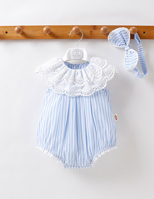 Fashion Light Blue Striped Lace Short-sleeved Baby Jumpsuit