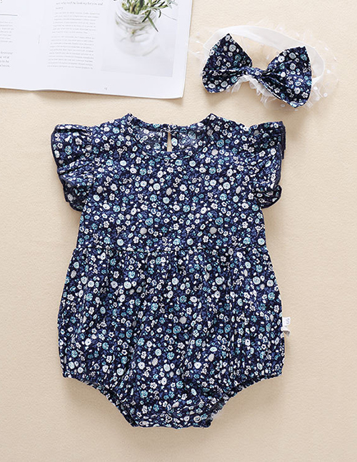 Fashion Dark Blue Floral Flying Sleeve Baby Cotton One-piece Romper