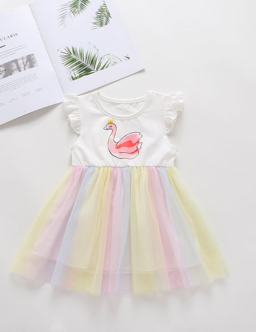 Fashion Skirt Rainbow Flying Sleeve Print Contrast Color Childrens Dress
