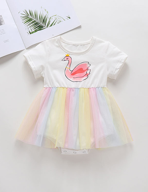 Fashion Romper Rainbow Flying Sleeves Print Contrast Color Childrens Dress