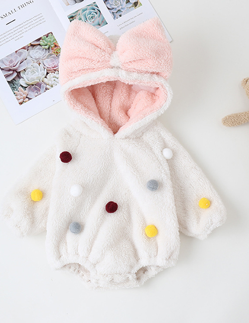 Fashion White Stuffed Ball Hooded Contrast Color Childrens Jumpsuit