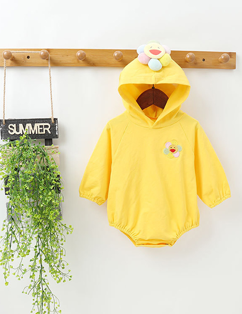 Fashion Yellow Top Baby Smiley Face Long-sleeved Hooded Sweatshirt Romper Pants