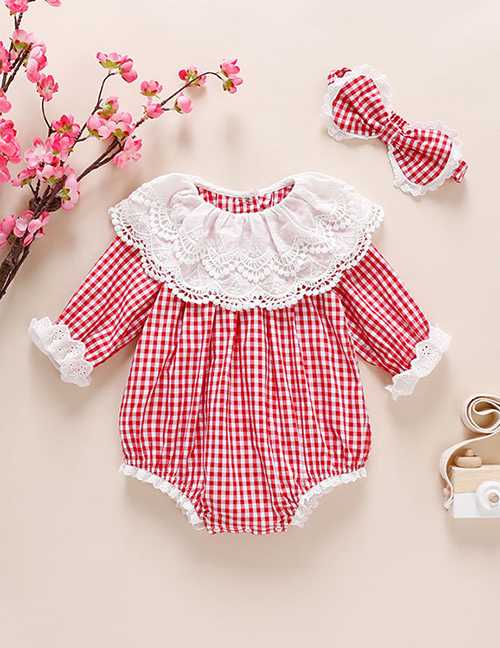 Fashion Red Lace Check Lace Baby Jumpsuit