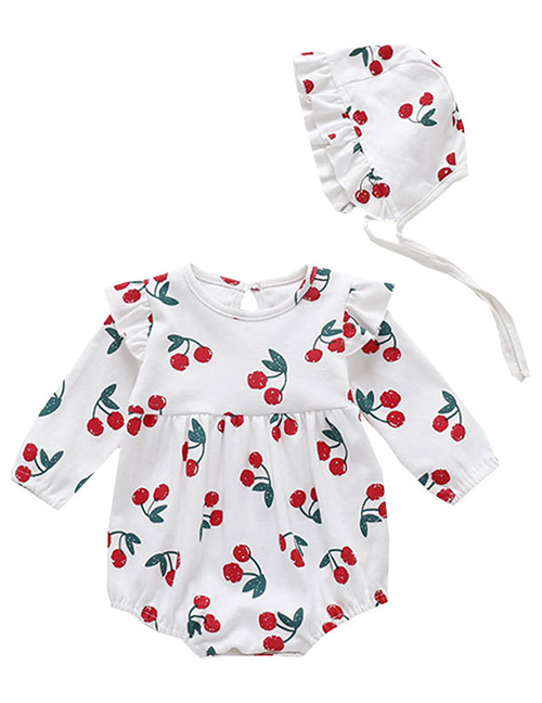 Fashion Long Sleeve Beige Cherry Print Baby Romper