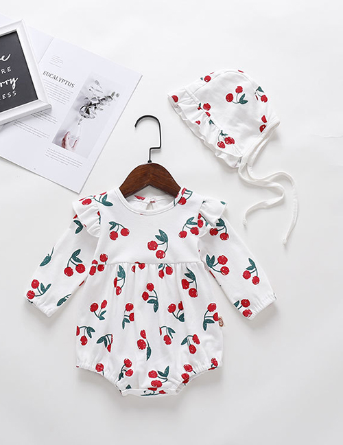 Fashion Long Sleeve Beige Cherry Print Baby Romper