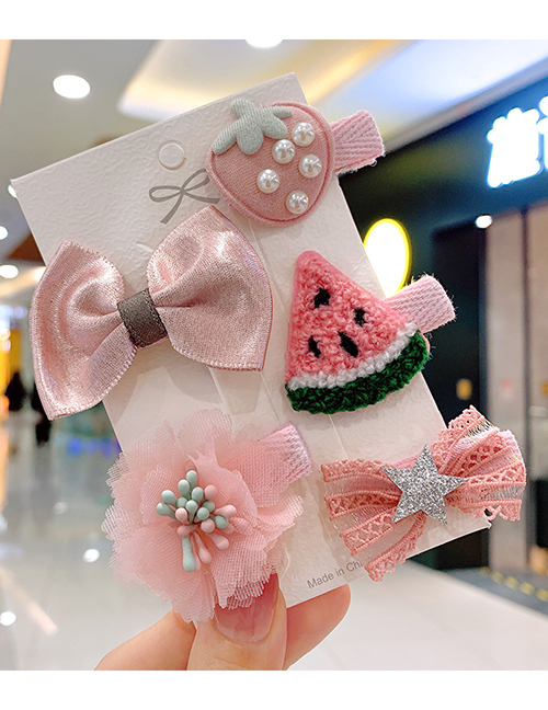 Fashion Pink Watermelon [5 Piece Set] Children S Hairpin With Cloth-wrapped Fruit And Flower Lattice