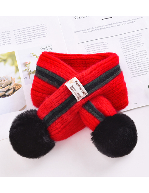 Fashion Red Black Hair Ball Color-blocking Wool Knitted Ball Children Scarf