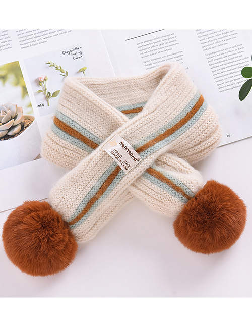 Fashion Beige Brown Hair Ball Color-blocking Wool Knitted Ball Children Scarf