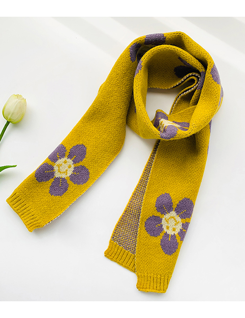 Fashion Flowers [yellow] Knitted Woolen Letter Flowers Contrast Color Double-sided Children S Scarf