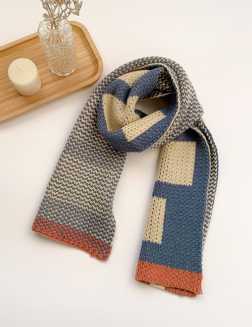 Fashion Blue Woolen Knitted Geometric Shape Contrast Thickening Children S Scarf