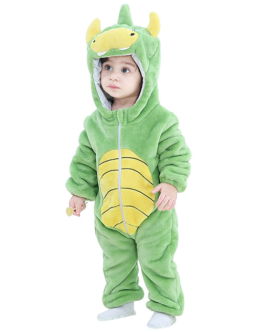 Fashion [zipper Section] Green Dinosaur Animal Color Contrast Baby One-piece Romper