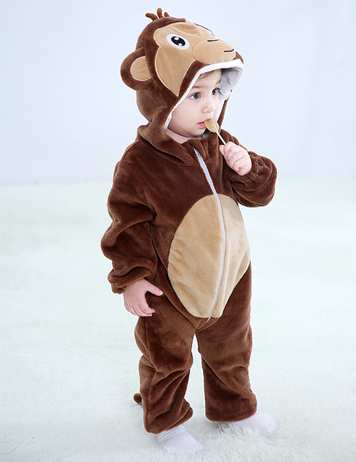 Fashion [zipper Section] Brown Monkey Animal Color Contrast Baby One-piece Romper