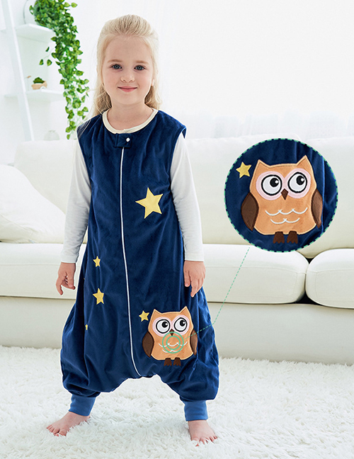 Fashion Dark Blue Star Owl Animal Hit Color Sleeveless Flannel One-piece Childrens Sleeping Bag