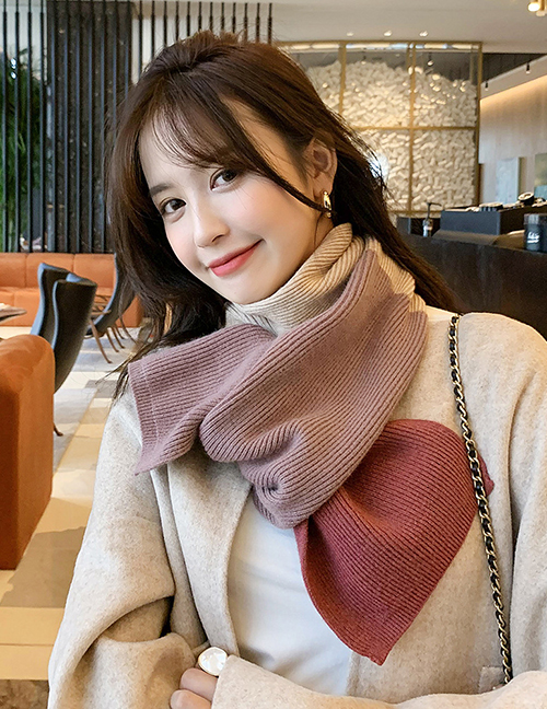 Fashion Leather Pink Double-sided Stitching Contrast Color Knitted Scarf