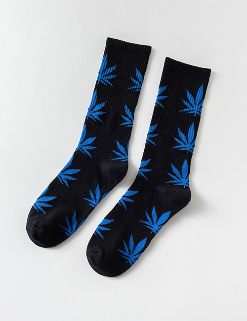 Fashion Black + Royal Blue Threaded Tube Maple Leaf Socks