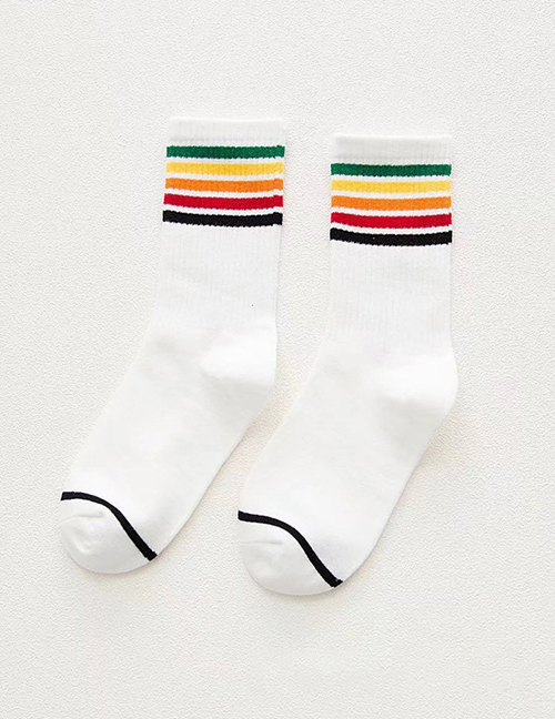 Fashion White Cotton Striped Contrasting Tube Socks