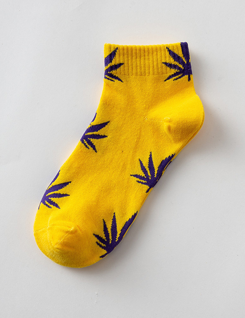 Fashion Royal Blue With Yellow Background Couples Cotton Maple Leaf Invisible Socks