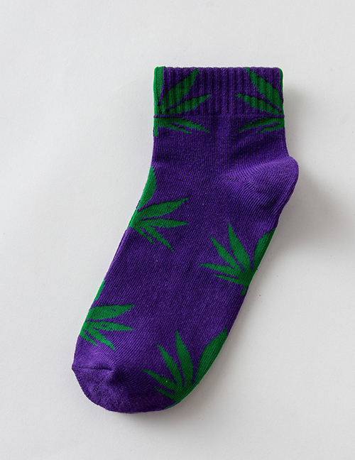 Fashion Purple Background Green Couples Cotton Maple Leaf Invisible Socks