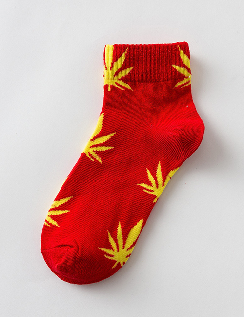 Fashion Yellow On Red Couples Cotton Maple Leaf Invisible Socks