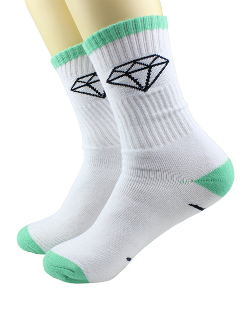 Fashion Green On White Diamond High-top Cotton Contrast Socks