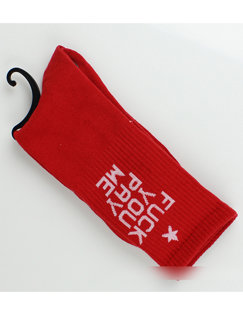 Fashion White On Red Background Letter Five-pointed Star Cotton Socks