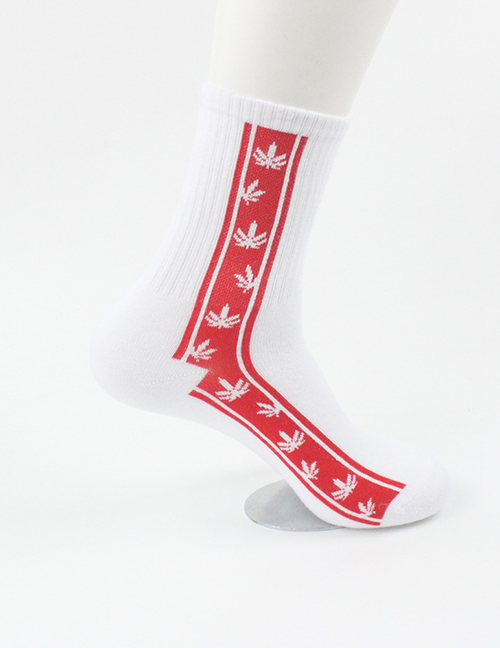 Fashion Red Hemp Leaf Contrast Color Thread Mid-high Tube Thick Socks