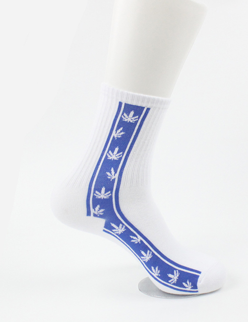 Fashion Blue Hemp Leaf Contrast Color Thread Mid-high Tube Thick Socks