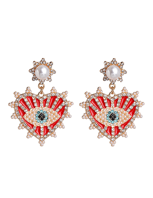 Fashion Red Diamond Eyes Pearl Love Alloy Earrings