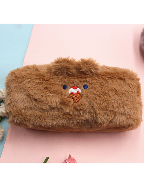 Fashion Brown Large Capacity Plush Embroidery Bear Ear Stationery Bag