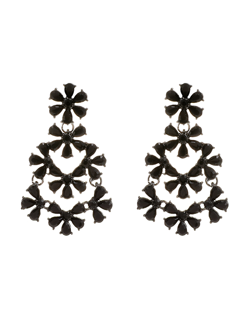 Black Alloy Diamond Geometric Flower Earrings