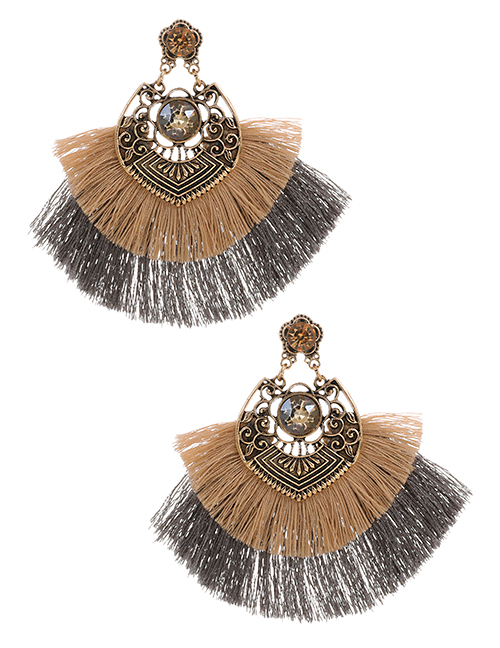 Khaki Alloy Diamond-studded Clan Style Double Tassel Earrings