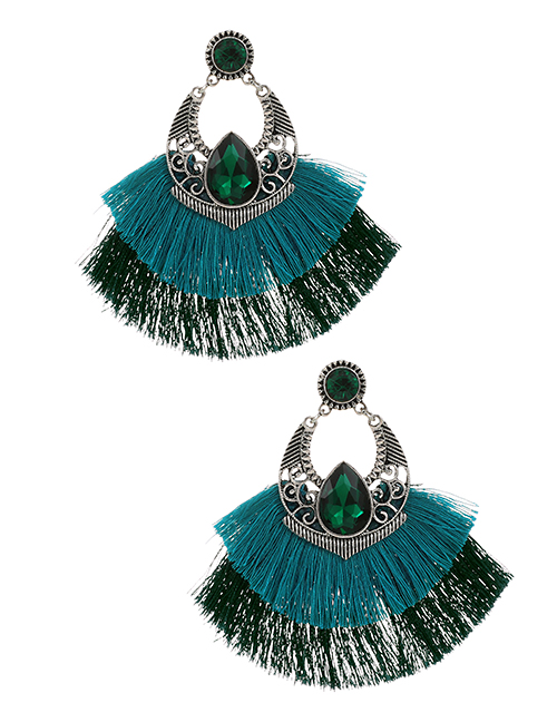 Green Alloy Diamond-studded Clan Style Double Tassel Earrings