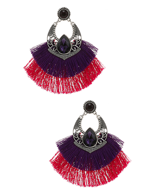 Purple Alloy Diamond-studded Clan Style Double Tassel Earrings